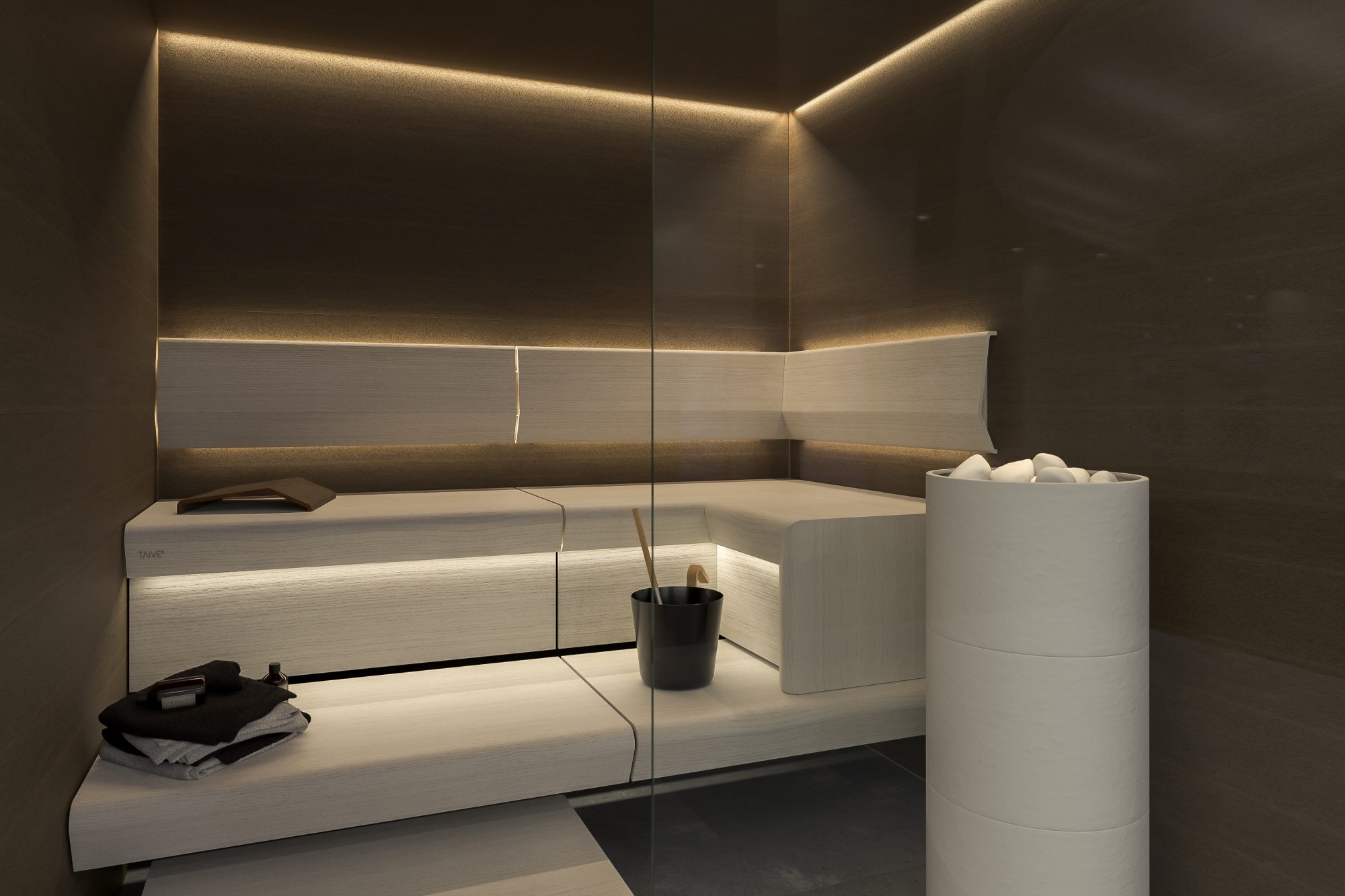 Cariitin Taive saunamalliton sauna divaaniosalla, sauna linear ledillä sekä linear led lasilla. 1516660, 1545844